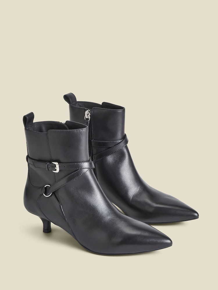 Sosandar Black Leather Kitten Heel Ankle Boots With Buckle Detail - Image 1 of 4