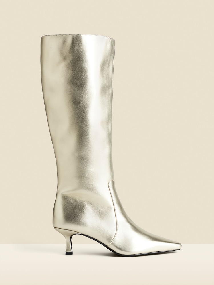 Sosandar Gold Knee High Low Heel Boots - Image 1 of 4