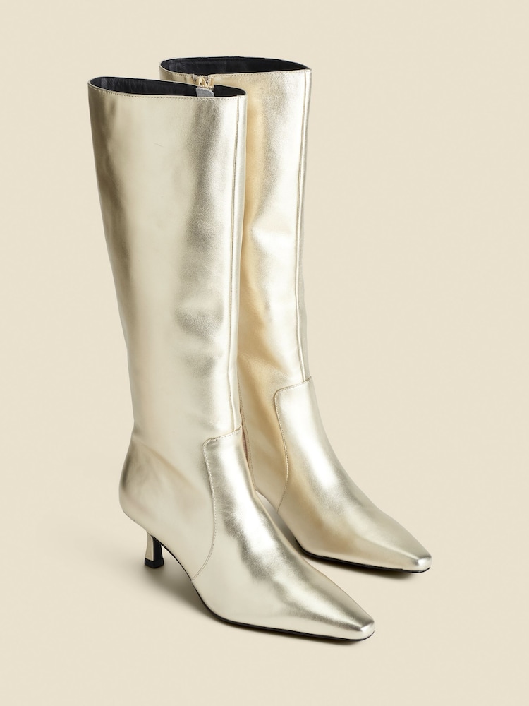 Sosandar Gold Knee High Low Heel Boots - Image 2 of 4