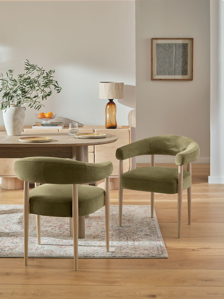 Set of 2 Relaxed Chenille Olive Green Aire Light Wood Leg Dining Chairs - Image 1 of 10