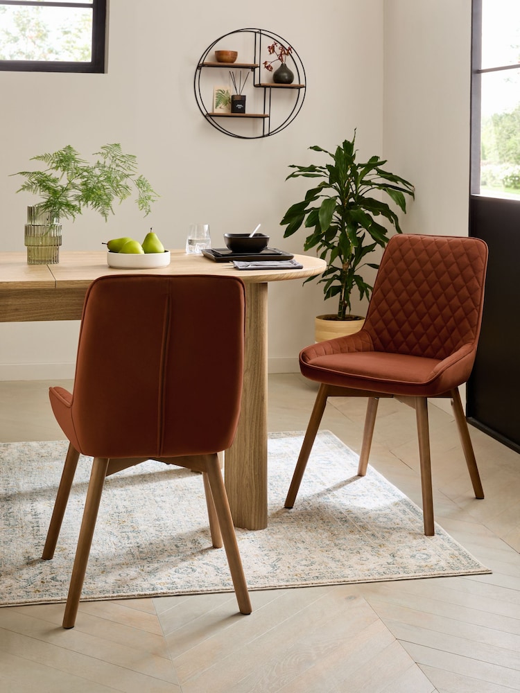 Set of 2 Soft Velvet Rust Brown Hamilton Dark Wood Leg Quilted Dining Chairs - Image 1 of 9