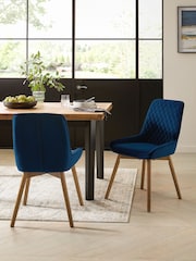 Set of 2 Soft Velvet Navy Blue Hamilton Dark Wood Leg Quilted Dining Chairs - Image 1 of 9