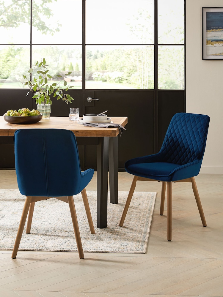 Set of 2 Soft Velvet Navy Blue Hamilton Dark Wood Leg Quilted Dining Chairs - Image 1 of 9