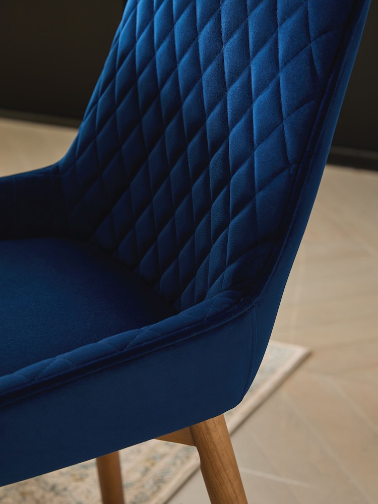 Set of 2 Soft Velvet Navy Blue Hamilton Dark Wood Leg Quilted Dining Chairs - Image 2 of 9