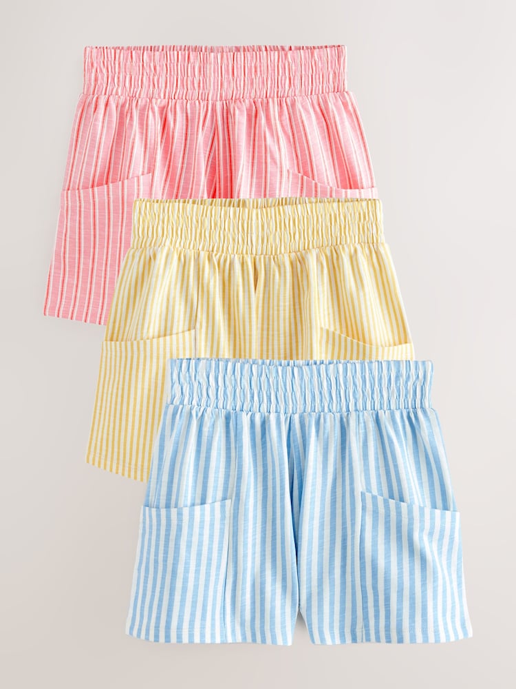 Multi Stripe Blue/Pink/Yellow 100% Cotton Shorts 3 Pack (3-16yrs) - Image 1 of 7