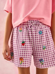 Purple Gingham Embroidered 100% Cotton Jersey Shorts (3-16yrs) - Image 1 of 3