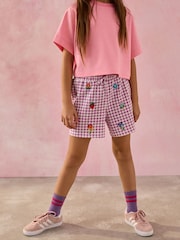 Purple Gingham Embroidered 100% Cotton Jersey Shorts (3-16yrs) - Image 2 of 3