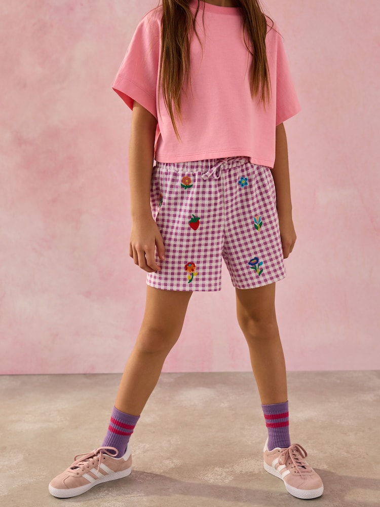 Purple Gingham Embroidered 100% Cotton Jersey Shorts (3-16yrs) - Image 2 of 3