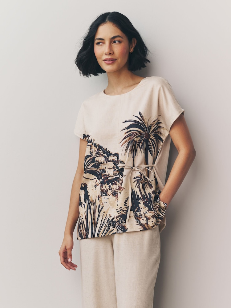 Ecru Scenic Print Woven Mix Tie Side Top - Image 1 of 8