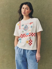 Ecru Tablecloth Print - Embroidered Short Sleeve T-Shirt - Image 1 of 8