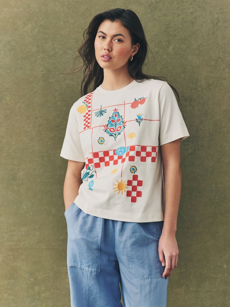 Ecru Tablecloth Print - Embroidered Short Sleeve T-Shirt - Image 1 of 8