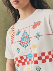Ecru Tablecloth Print - Embroidered Short Sleeve T-Shirt - Image 5 of 8