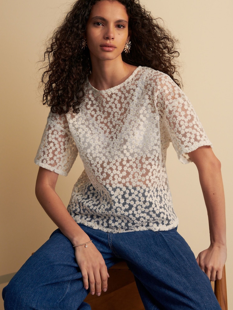 Blanco - Boxy Floral Mesh Short Sleeve Top - Imagen 1 de 8