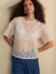 Blanco - Boxy Floral Mesh Short Sleeve Top - Imagen 3 de 8