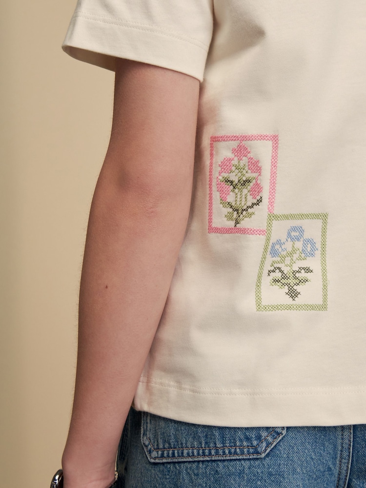 Ecru Cross Stitch Embroidered T-Shirt - Image 5 of 8