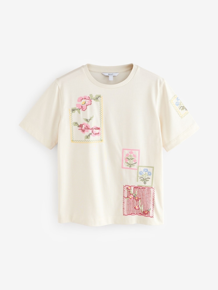 Ecru Cross Stitch Embroidered T-Shirt - Image 6 of 8