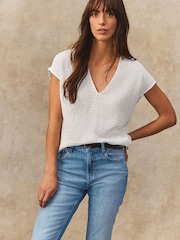 White Textured Short Sleeve V-Neck T-Shirt - Image 1 of 7