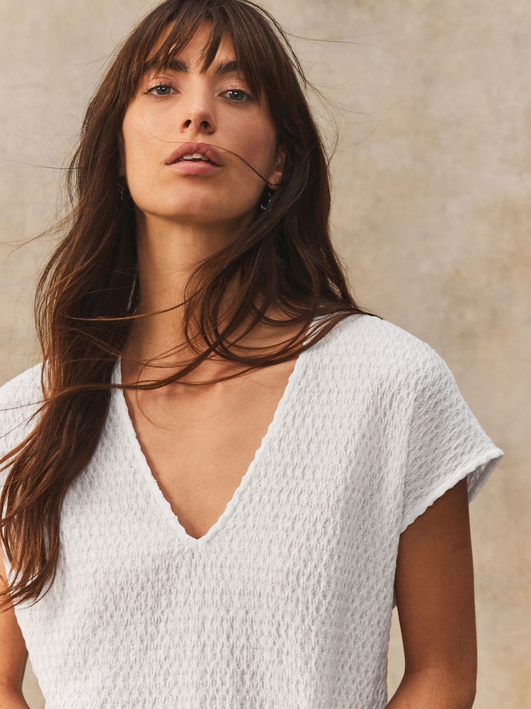 White Textured Short Sleeve V-Neck T-Shirt - Image 5 of 7