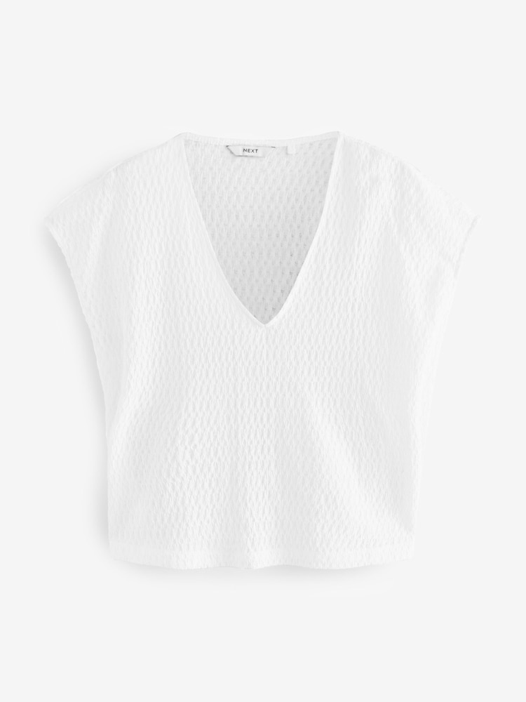 White Textured Short Sleeve V-Neck T-Shirt - Image 6 of 7