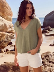 Green Textured Short Sleeve V-Neck T-Shirt - Image 2 of 7