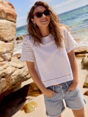 White Crochet Short Sleeve 100% Cotton T-Shirt - Image 1 of 7