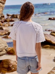 White Crochet Short Sleeve 100% Cotton T-Shirt - Image 4 of 7