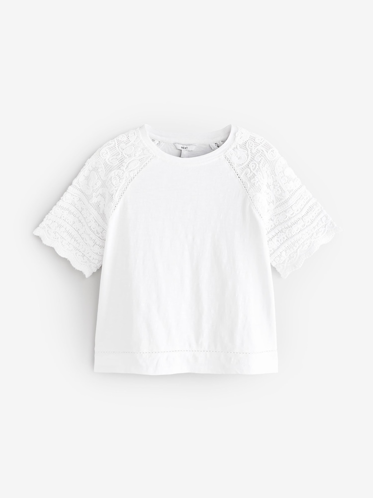 White Crochet Short Sleeve 100% Cotton T-Shirt - Image 5 of 7