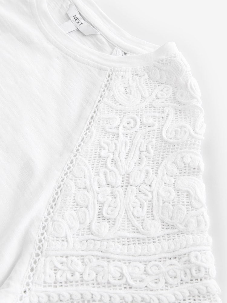 White Crochet Short Sleeve 100% Cotton T-Shirt - Image 6 of 7