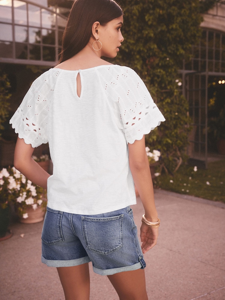 White Broderie Boho Short Sleeve Ric Rac 100% Cotton Top - Image 3 of 8