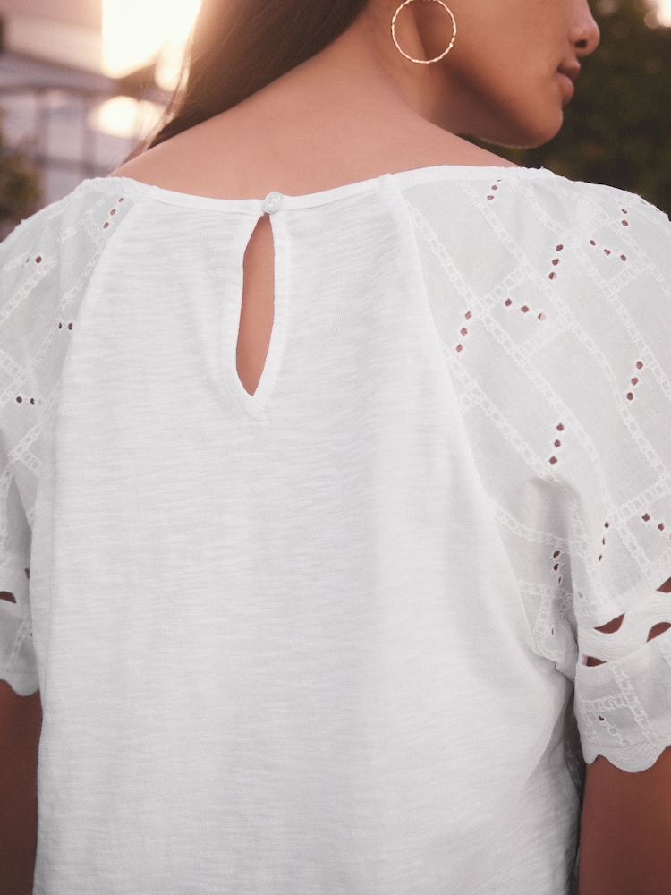 White Broderie Boho Short Sleeve Ric Rac 100% Cotton Top - Image 5 of 8
