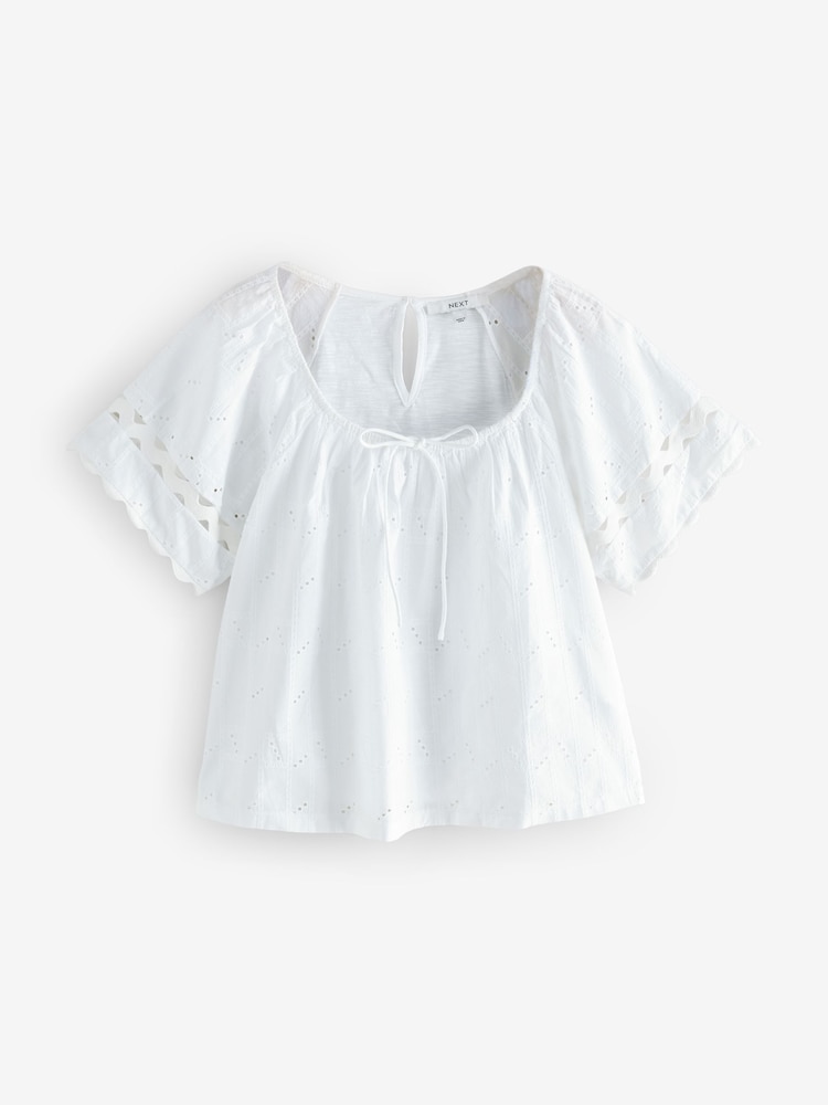 White Broderie Boho Short Sleeve Ric Rac 100% Cotton Top - Image 6 of 8