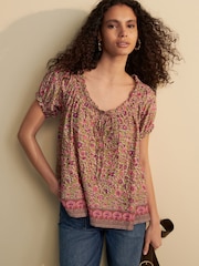 Green/Pink Floral Border Print Short Sleeve Ruched Neck Jersey 100% Cotton Blouse - Image 1 of 8