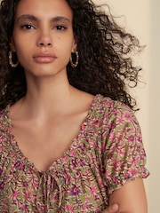 Green/Pink Floral Border Print Short Sleeve Ruched Neck Jersey 100% Cotton Blouse - Image 2 of 8