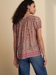 Green/Pink Floral Border Print Short Sleeve Ruched Neck Jersey 100% Cotton Blouse - Image 3 of 8