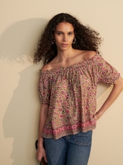 Green/Pink Floral Border Print Short Sleeve Ruched Neck Jersey 100% Cotton Blouse - Image 4 of 8