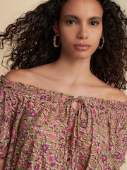 Green/Pink Floral Border Print Short Sleeve Ruched Neck Jersey 100% Cotton Blouse - Image 5 of 8