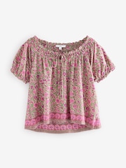 Green/Pink Floral Border Print Short Sleeve Ruched Neck Jersey 100% Cotton Blouse - Image 6 of 8