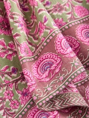 Green/Pink Floral Border Print Short Sleeve Ruched Neck Jersey 100% Cotton Blouse - Image 7 of 8