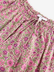 Green/Pink Floral Border Print Short Sleeve Ruched Neck Jersey 100% Cotton Blouse - Image 8 of 8