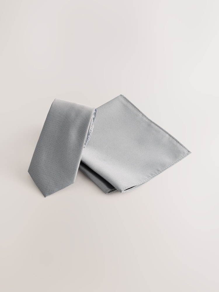 Grey Slim Textured Tie And Pocket Square Set - Image 1 of 4
