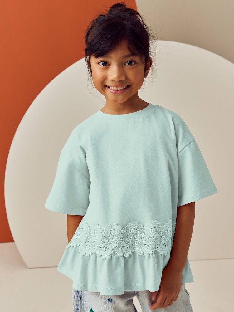 Mint Green Lace Frill Hem T-Shirt (3-16yrs) - Image 1 of 6 Mint Green Lace Frill Hem T-Shirt (3-16yrs) - Image 1 of 6