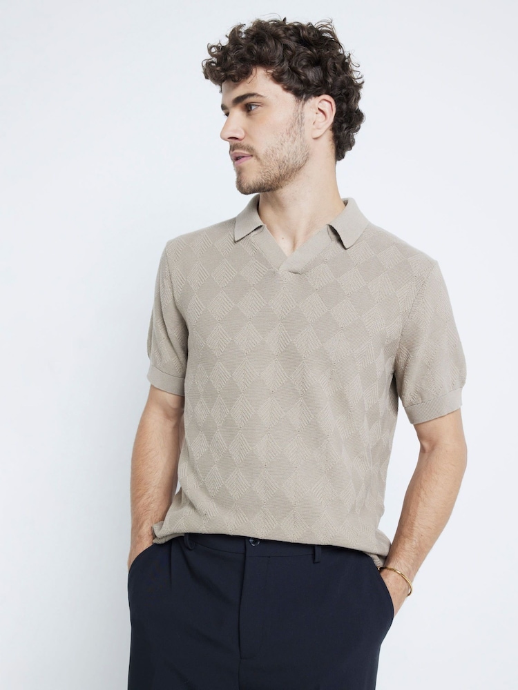Бежевий - River Island Diamond Stitch 100% Cotton Open комір джемпера - Image 1 of 6