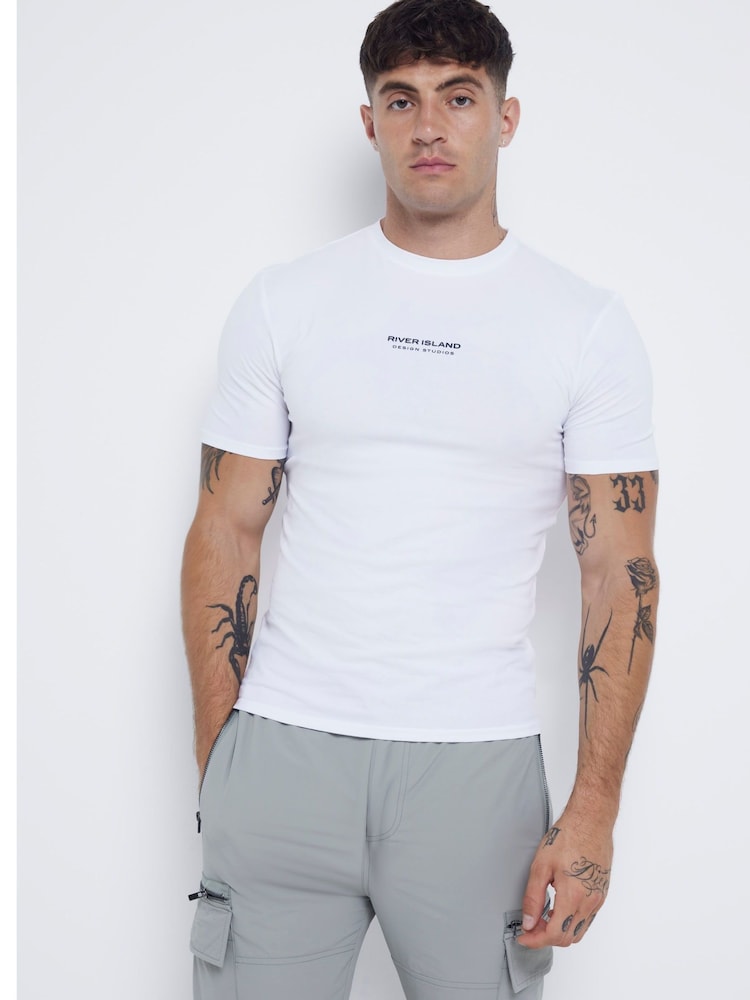River Island White Muscle Fit Brand Carrier 100% Cotton T-Shirt - Image 1 of 4