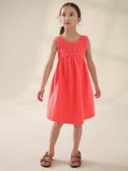 Coral Pink 100% Cotton Crochet Front Dress (3-16yrs) - Image 2 of 8