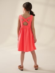 Coral Pink 100% Cotton Crochet Front Dress (3-16yrs) - Image 3 of 8