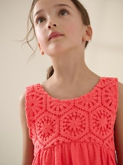 Coral Pink 100% Cotton Crochet Front Dress (3-16yrs) - Image 4 of 8