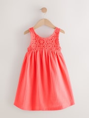Coral Pink 100% Cotton Crochet Front Dress (3-16yrs) - Image 5 of 8