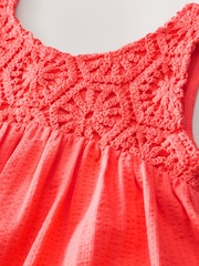 Coral Pink 100% Cotton Crochet Front Dress (3-16yrs) - Image 7 of 8