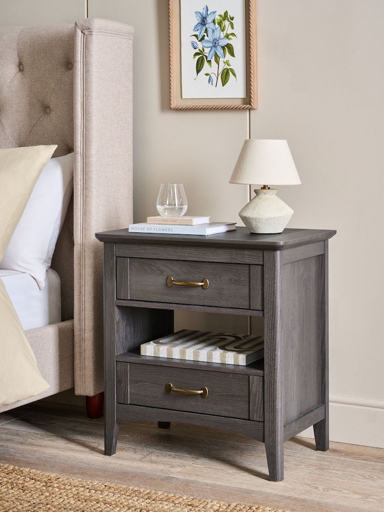 Dark Brown Oakham Oak Effect 2 Drawer Wide Bedside Table - Image 1 of 7