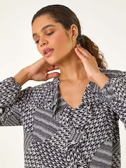 Roman Black Houndstooth Print Ruffle Top - Image 1 of 5